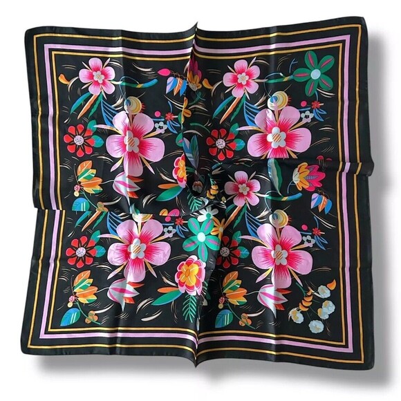Black Edges Pink Floral Square Scarf  27” X 27” Scarve Unisex Elegant Beautiful - Picture 2 of 2